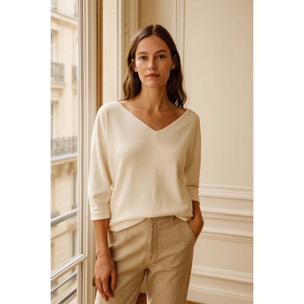 By Anthropologie Off White Tie Waist Knit V Neck Top Large - Picture 8 of 8